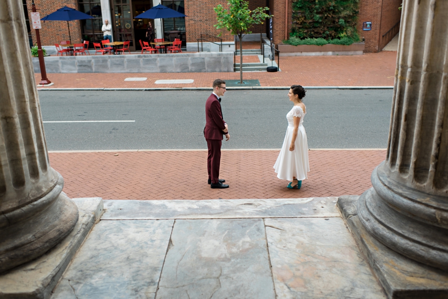 A groom seeing his bride for the first time during their first look.